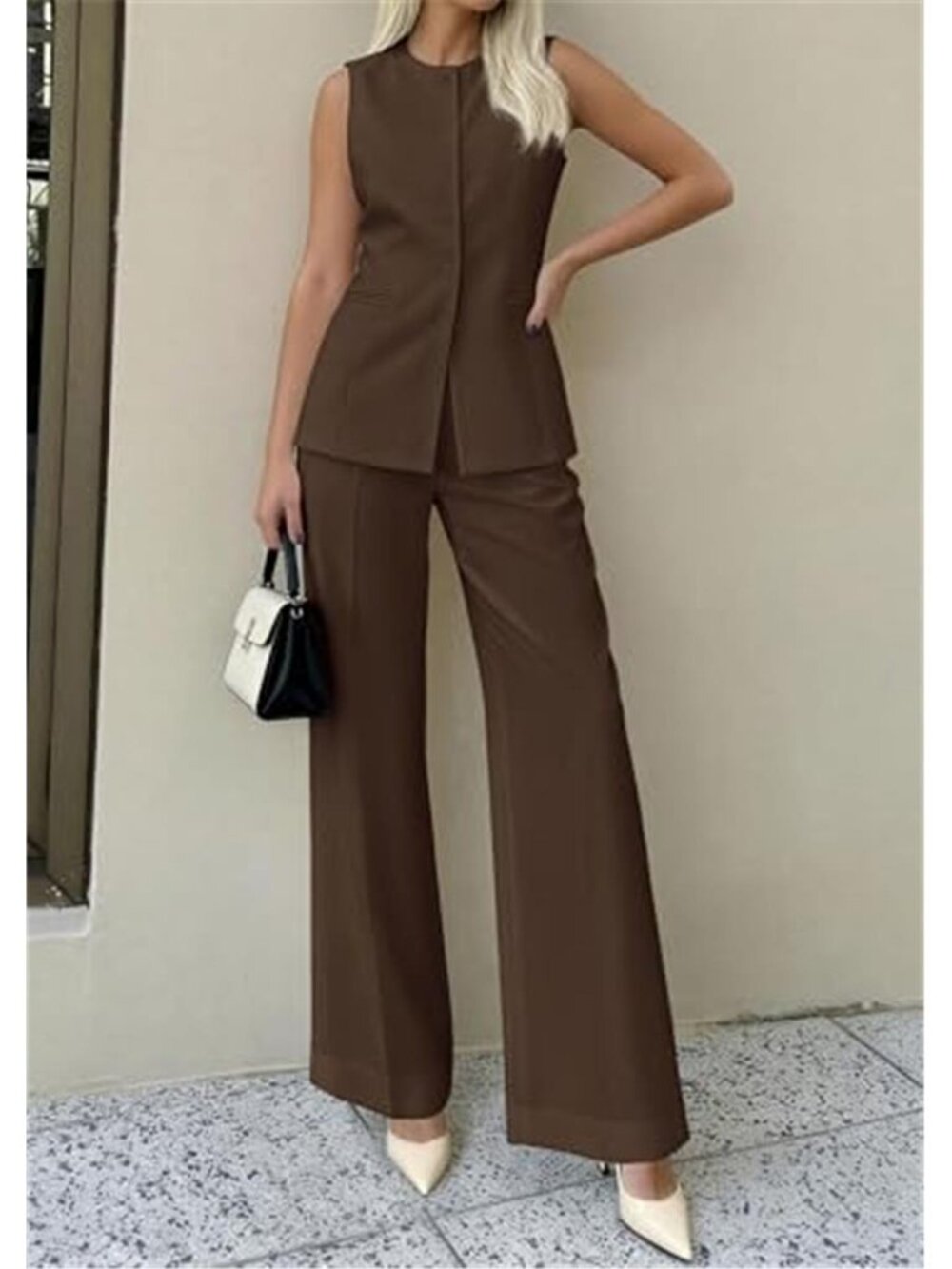 Women's 2 Piece Sets Summer Sleeveless Blazer Vest Pants Suit - Picture 5 of 6